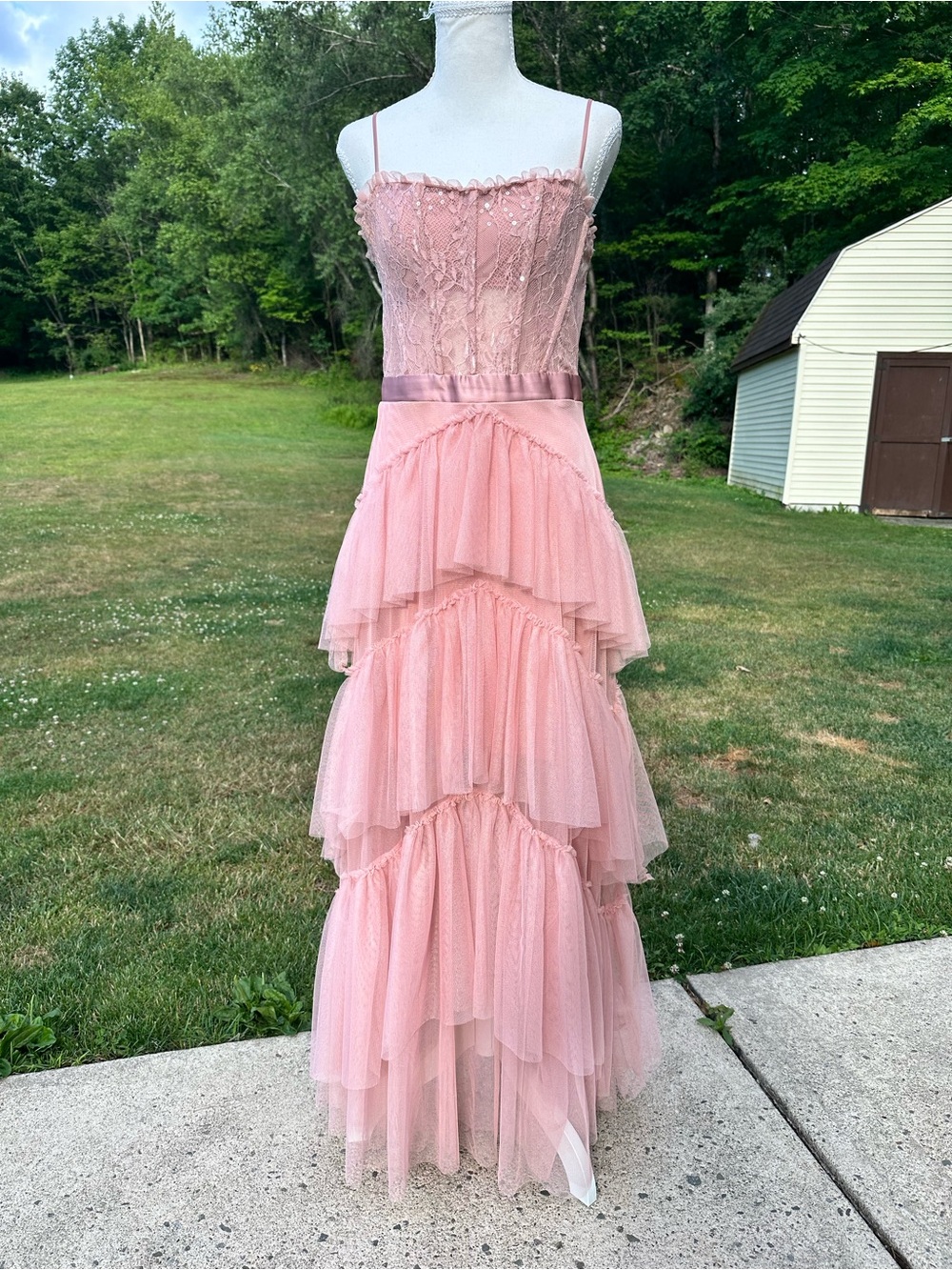 City Studio Blush Pink Tiered Lace Maxi Dress